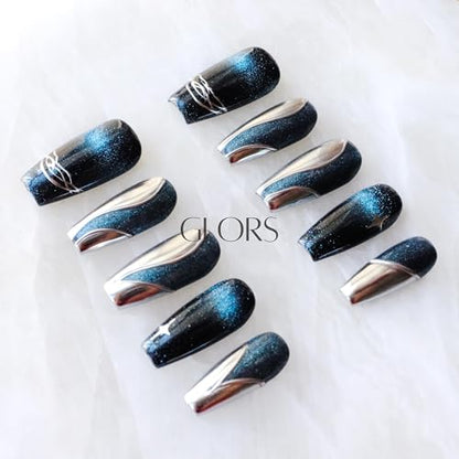 GLORS Purly Handmade Medium Ballerina Press-On Nails – Galaxy Cat-Eye Luxe (10 Pieces, Small, MB)