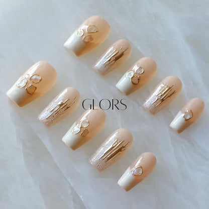 GLORS Purly Handmade Medium Ballerina Press-On Nails – Shell Piece Mica Love, 10 Pieces (MB)