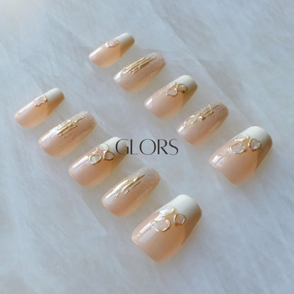 GLORS Purly Handmade Medium Ballerina Press-On Nails – Shell Piece Mica Love, 10 Pieces (MB)