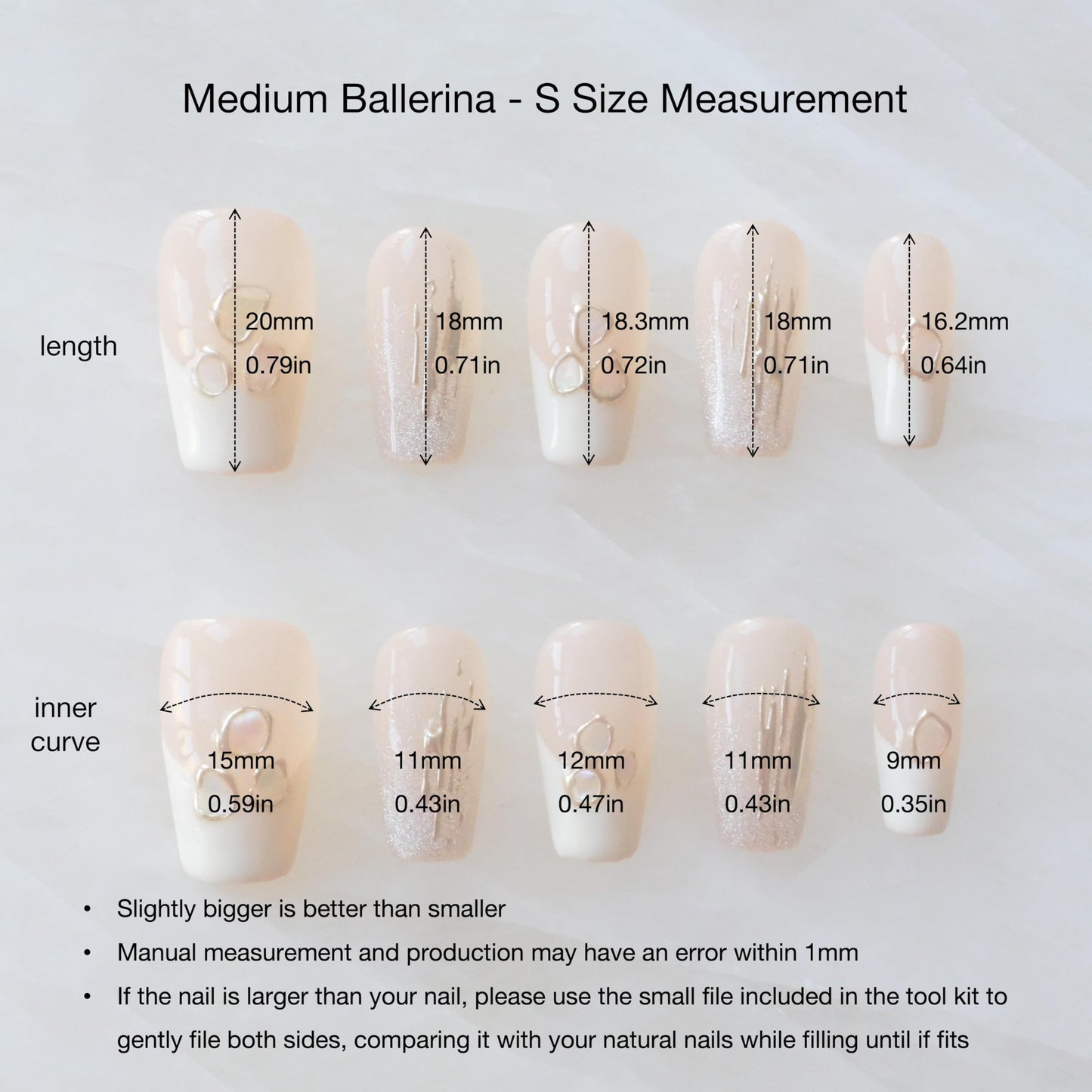 GLORS Purly Handmade Medium Ballerina Press-On Nails – Shell Piece Mica Love, 10 Pieces (MB)