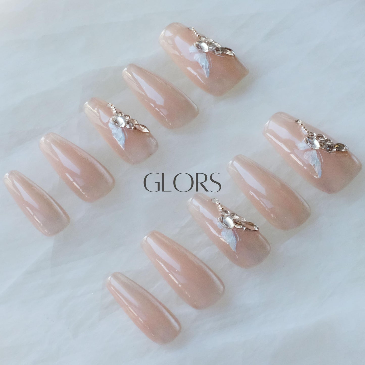 GLORS Press On Nails – Long Ballerina Coffin Nude Pink with Butterfly Rhinestones | 10 Pieces (Small, LB)