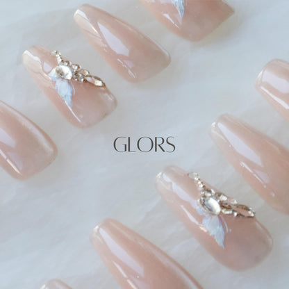 GLORS Press On Nails - Long Ballerina Coffin Nude Pink with Butterfly Rhinestones (10-Piece, Medium LB)