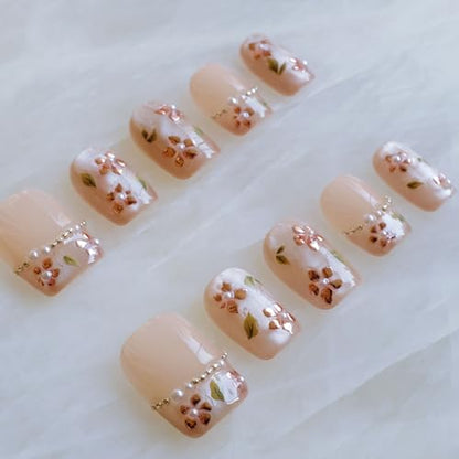 GLORS Short Square Press-On Nails – Nude Pink with Rose Gold Foil & Pearl Accents | 10 Pieces (Large, SS)