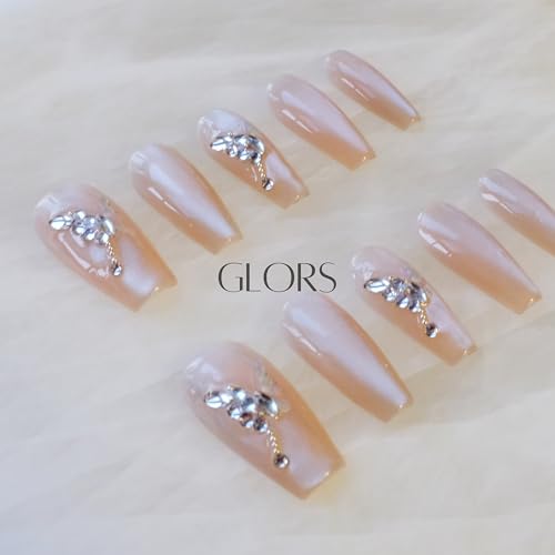 GLORS Press On Nails - Long Ballerina Coffin Nude Pink with Butterfly Rhinestones (10-Piece, Medium LB)