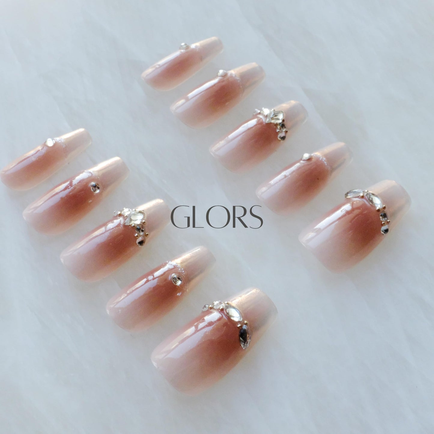 GLORS Long Ballerina Press-On Nails – Pink French Rhinestones, Coffin Shape (10 Pieces, Large)