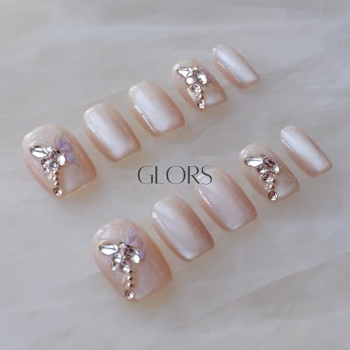 GLORS Purely Handmade Short Press On Nails – SCSbutterfly Butterfly Cat-Eye Art, Short Square, 10 Pieces