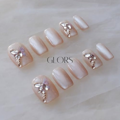 GLORS Purely Handmade Short Press On Nails | SCSbutterfly Cat-Eye Art (10 pcs, Small)