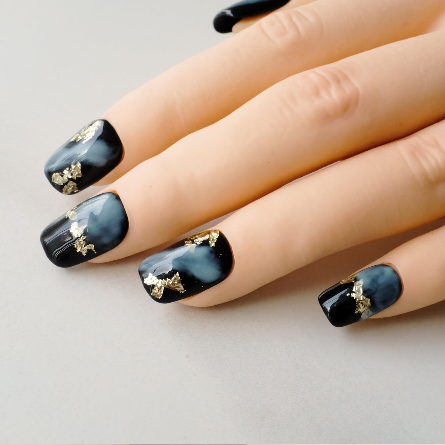 GLORS Short Square Press-On Nails – Black & Blue Marble with Gold Glitter (10 pcs, Large SS)