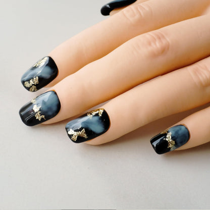GLORS Short Square Press-On Nails – Black & Blue Marble with Gold Glitter (10 pcs, Large SS)