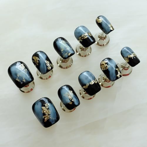 GLORS Short Square Press-On Nails – Black & Blue Marble with Gold Glitter (10 Pcs, Medium, SS)