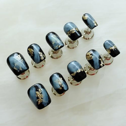 GLORS Short Square Press-On Nails – Black & Blue Marble with Gold Glitter (10 pcs, Large SS)