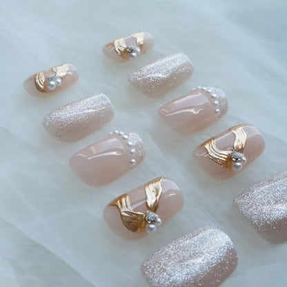 GLORS Purely Handmade Press On Nails – Elegant French Pink Pearl Gold, Short Square, 10 pcs (Medium SS)