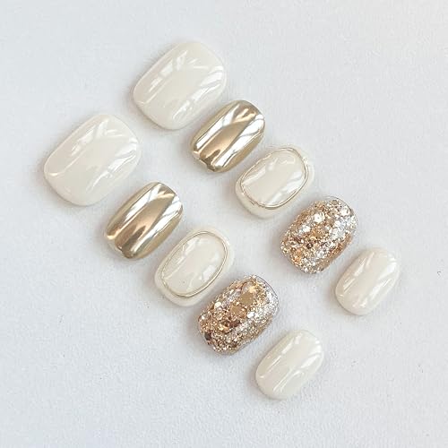 GLORS Purely Handmade Press On Nails | Beige Gold Glitter, Short Square, 10 pcs