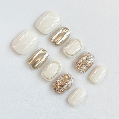 GLORS Purely Handmade Press On Nails | Beige Gold Glitter, Short Square, 10 pcs