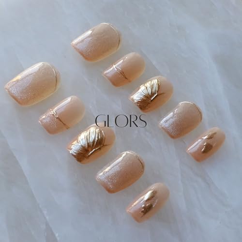 GLORS Flower Dance Press On Nails – Cat-Eye, Icy Nude Short Square (10 pcs)