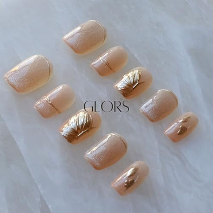 GLORS Flower Dance Press On Nails – Cat-Eye, Icy Nude Short Square (10 pcs)
