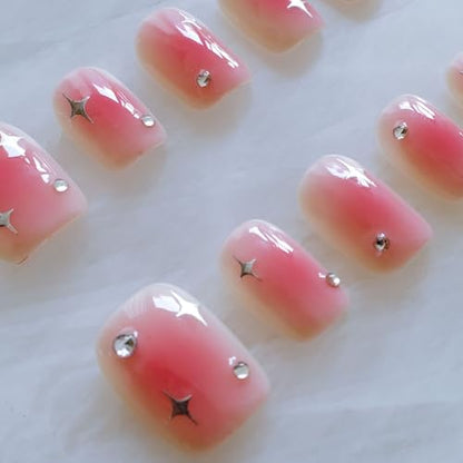GLORS Short Square Press On Nails – Pink + Silver Stars, 10 Pcs | Salon Quality