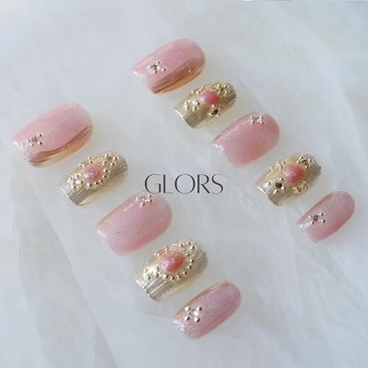 GLORS Purely Handmade Press On Nails — Pink Purple Cat-Eye Buccilati, Short Square, 10pcs (SS)