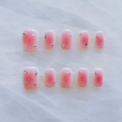 GLORS Short Square Press On Nails – Pink with Silver Stars | 10-Piece Salon-Quality Set (SS)