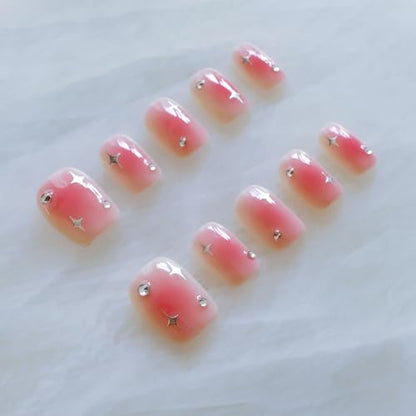 GLORS Short Square Press On Nails – Pink with Silver Stars | 10-Piece Salon-Quality Set (SS)