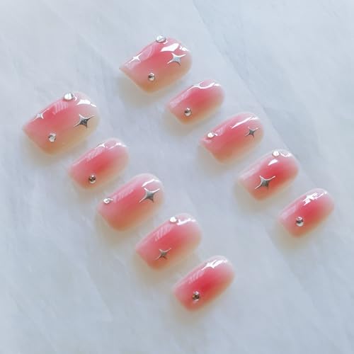 GLORS Short Square Press On Nails – Pink with Silver Stars | 10-Piece Salon-Quality Set (SS)