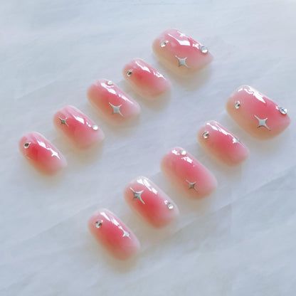 GLORS Short Square Press On Nails – Pink with Silver Stars | 10-Piece Salon-Quality Set (SS)