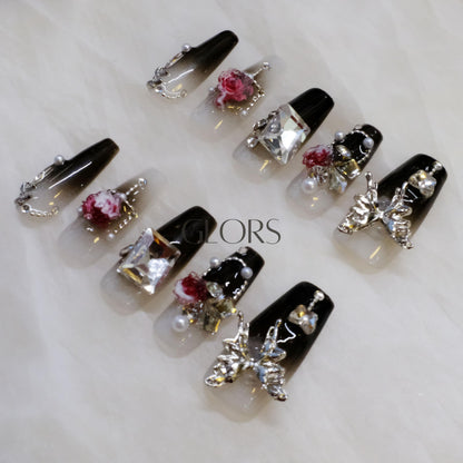 GLORS Handmade Press-On Nails - Long Coffin with 3D Butterfly & Rose, 10-Piece Set (XS, LC)
