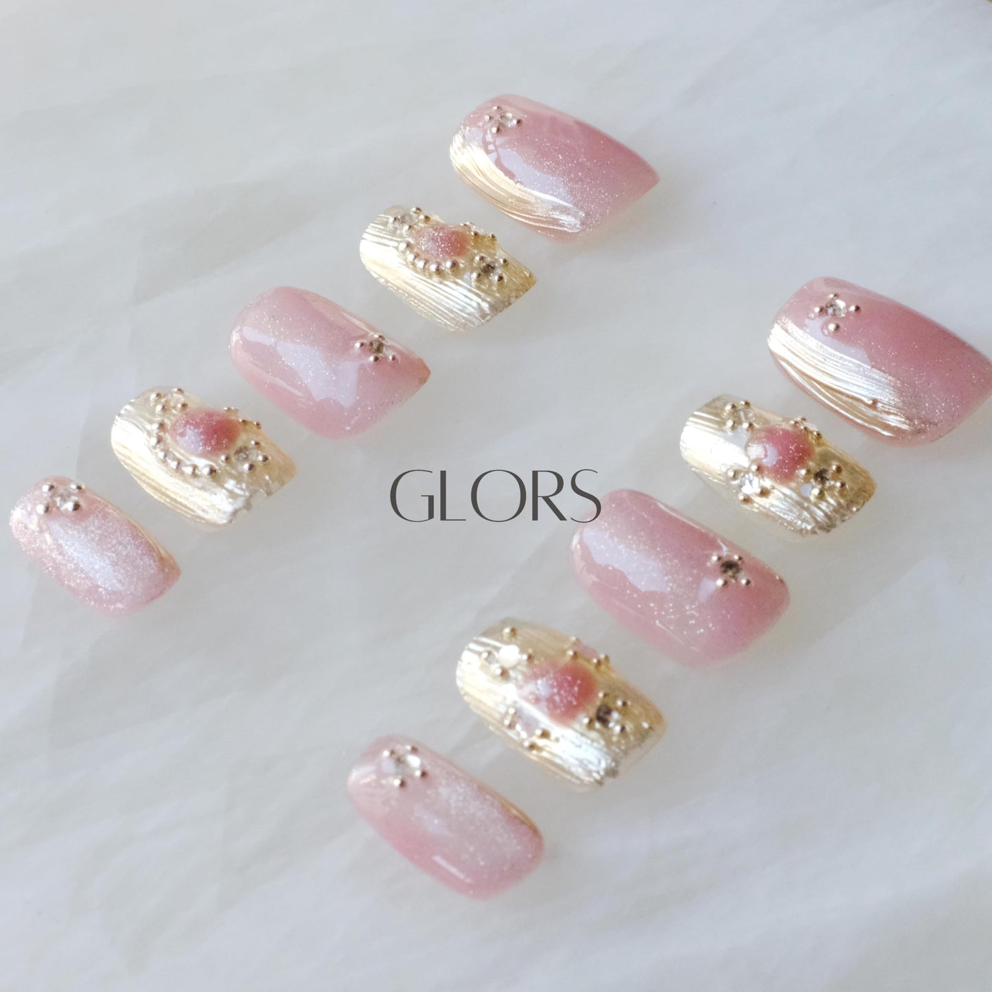 GLORS Purely Handmade Press On Nails — Pink Purple Cat-Eye Buccilati, Short Square, 10pcs (SS)