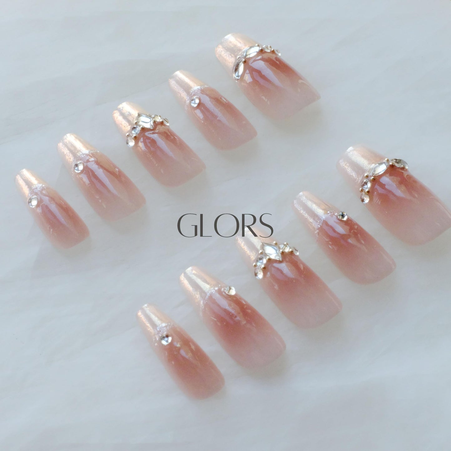 GLORS Long Ballerina Press-On Nails – Pink French Rhinestones, Coffin Shape (10 Pieces, Large)