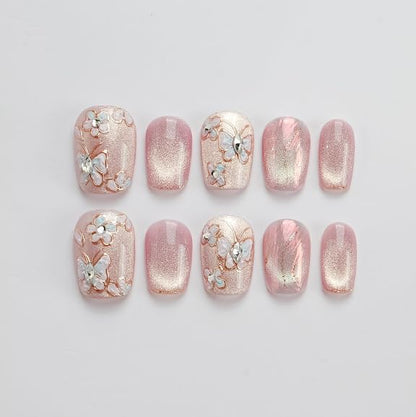 GLORS Unique Art Nail Press On Nails – Pink Cat Eye Butterflies & Flowers, Short Square, 10 Pieces (Medium, SS)