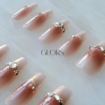 GLORS Long Ballerina Press-On Nails – Pink French with Rhinestones (Small LB)