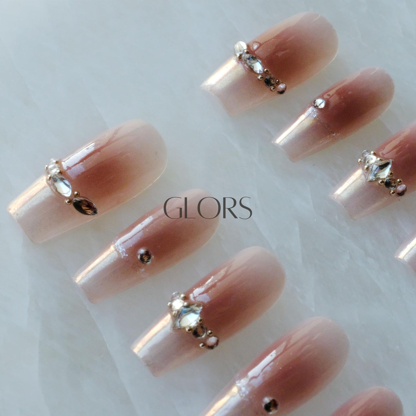 GLORS Long Ballerina Press-On Nails Pink French with Rhinestones | Coffin Shape