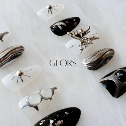 GLORS Gothic Long Almond Press-On Nails – Black & Silver with Butterfly Accent (10 Pieces)