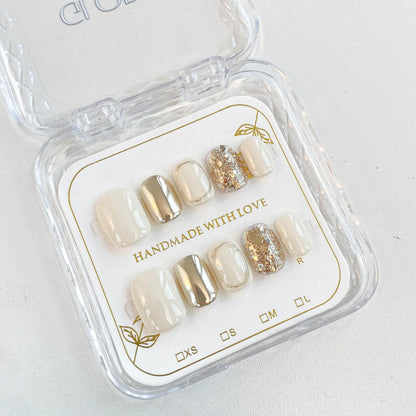 GLORS Purely Handmade Press On Nails | Beige Gold Glitter, Short Square, 10 pcs