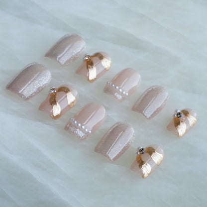 GLORS Purely Handmade Press On Nails – Elegant French Pink Pearl Gold, Short Square, 10 pcs (Medium SS)