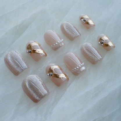 GLORS Purely Handmade Press On Nails – Elegant French Pink Pearl Gold, Short Square, 10 pcs (Medium SS)