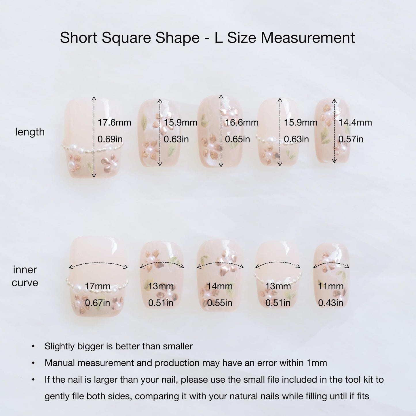 GLORS Short Square Press-On Nails – Nude Pink with Rose Gold Foil & Pearl Accents | 10 Pieces (Large, SS)