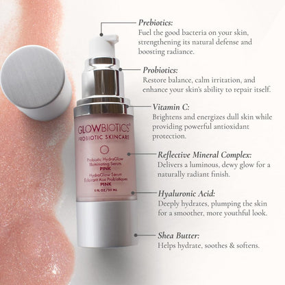 Glowbiotics Probiotic HydraGlow Illuminating Serum Pink – Hydration, Glow, Hyaluronic Acid & Probiotics, 1 Fl Oz