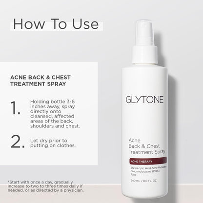 Glytone Chest & Back Acne Treatment Spray – 2% BHA with Gluconolactone, Fragrance-Free, 8 oz