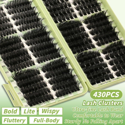 Gmagictobo Lash Clusters Kit – 430Pcs DIY Cat Eye Extensions (80D-200D) with Bond, Seal, Tweezers
