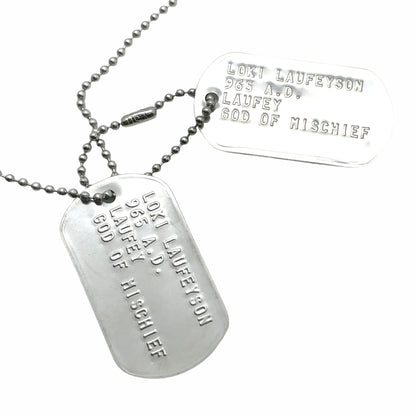 'GOD OF MISCHIEF' LOKI Military Dog Tags - Cosplay Costume Prop Replica - Stainless Steel Chains Included