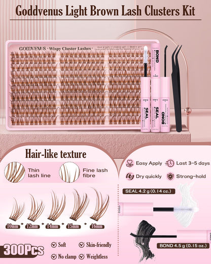 Goddvenus Brown Lash Clusters Kit – 300 Wispy Lashes (10-16mm) DIY Waterproof