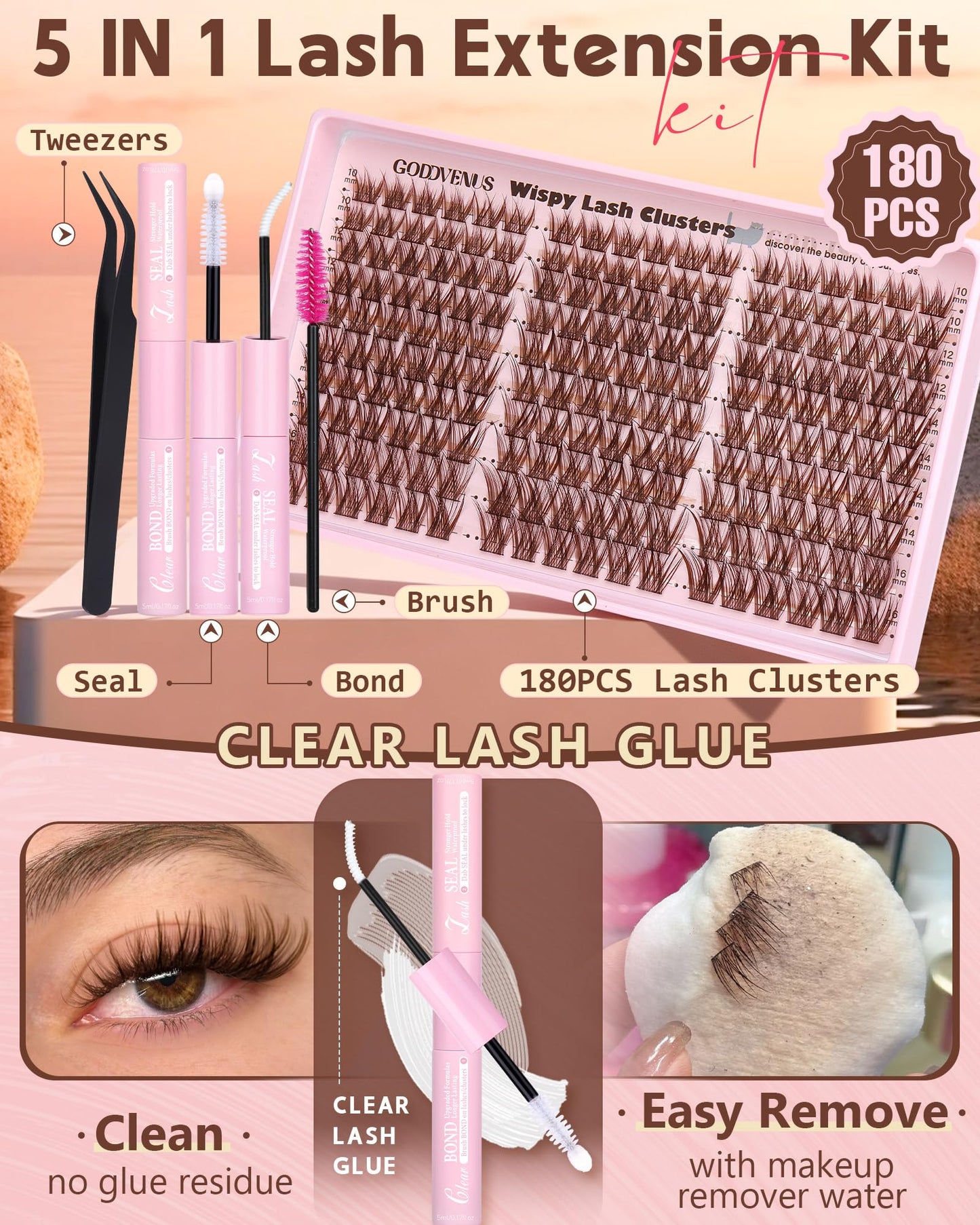 Goddvenus Brown Wispy Lash Clusters Kit – Natural Cluster Eyelashes, C Curl, DIY Extensions