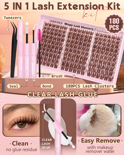 Goddvenus Brown Wispy Lash Clusters Kit – Natural Cluster Eyelashes, C Curl, DIY Extensions