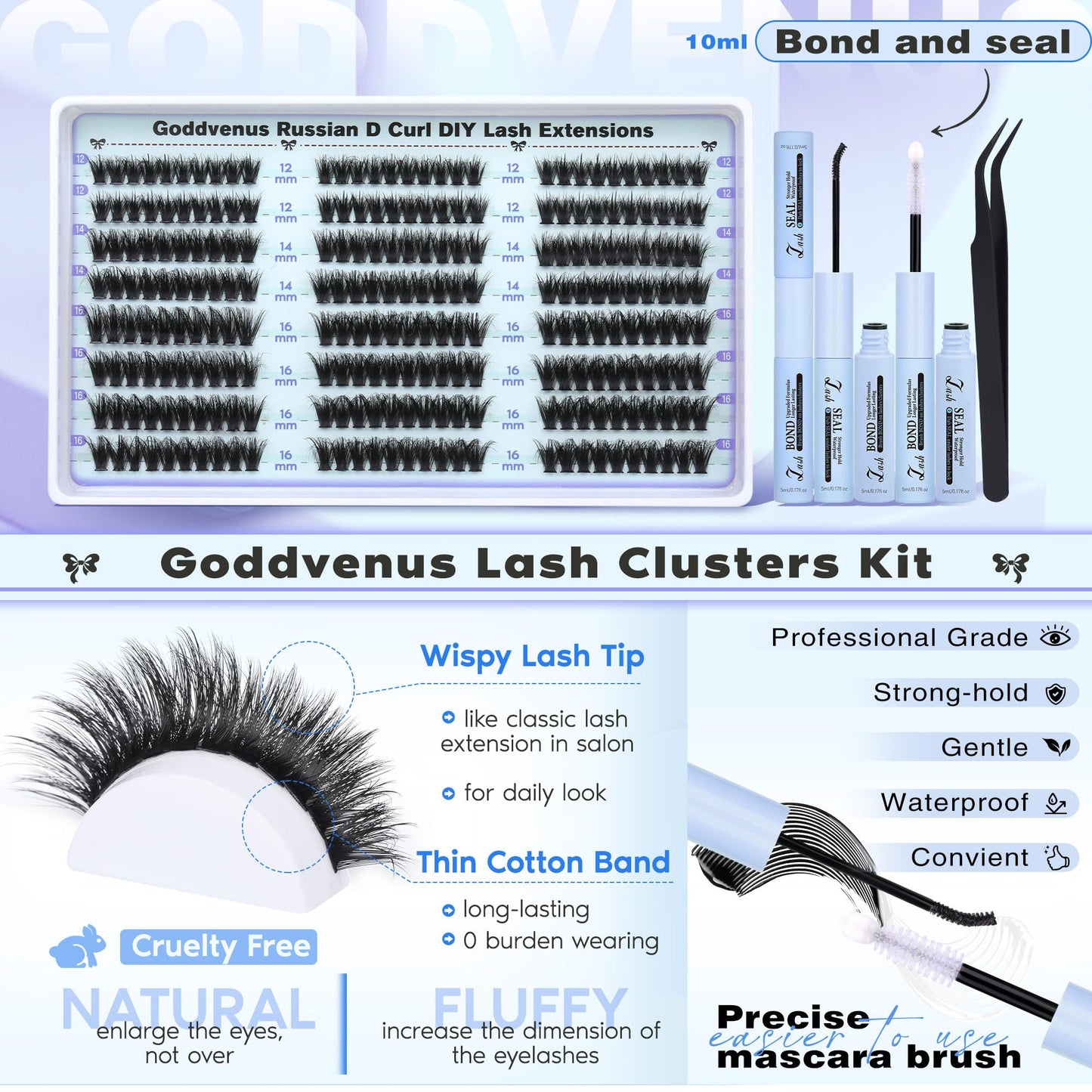 Goddvenus Lash Clusters Kit Wispy Lashes: Mixed 12mm-16mm with Bond & Seal, DIY Cat-Eye Lashes