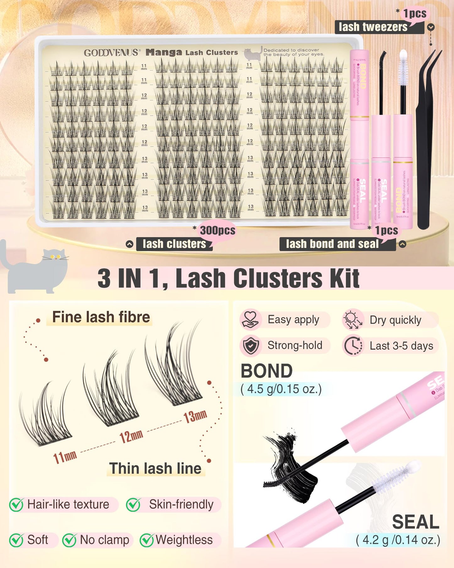 Goddvenus Natural Lash Clusters Kit | Wispy C-Curl Lashes with Tweezers