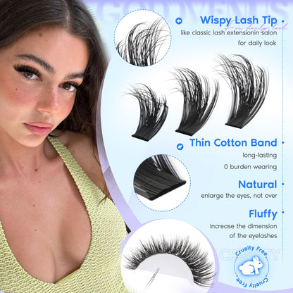 Goddvenus Lash Clusters Kit Wispy Lashes: Mixed 12mm-16mm with Bond & Seal, DIY Cat-Eye Lashes