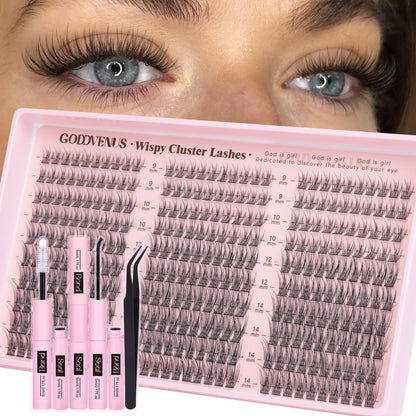 Goddvenus Lash Clusters Kit 9-14mm Wispy Lashes – DIY Natural Lash Extensions Kit with Tweezers (300pcs) | C Curl