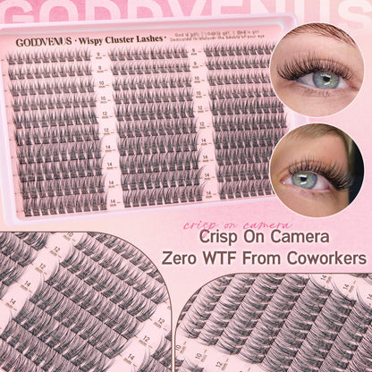 Goddvenus Lash Clusters Kit 9-14mm Wispy Lashes – DIY Natural Lash Extensions Kit with Tweezers (300pcs) | C Curl