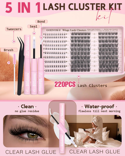Goddvenus 220Pcs Wispy Lash Clusters Kit – DIY C-Curl Eyelash Extensions, All-In-One